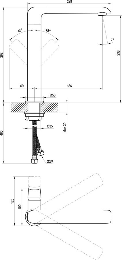 Mitigeur de lavabo/d’évier sur pied sans bonde Flat 261 mm