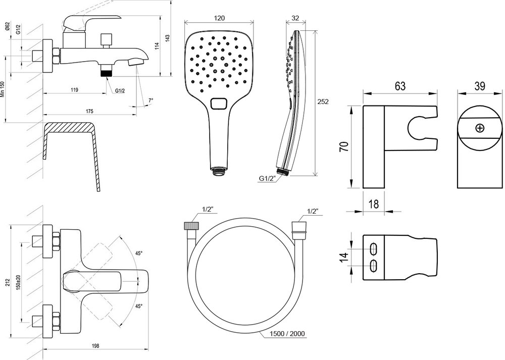 Mitigeur mural de baignoire Flat FL 022 avec set de douche