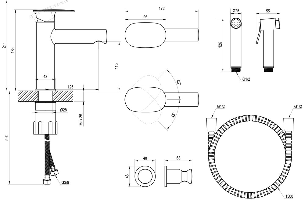 Mitigeur de lavabo sur pied avec bidet Spring