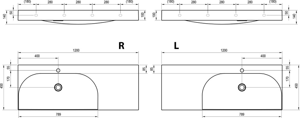 Lavabo Lite 120/80 G/D, avec trou