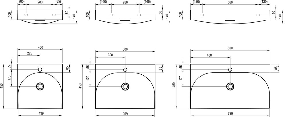 Lavabo Lite 45 / 60 / 80, avec trou