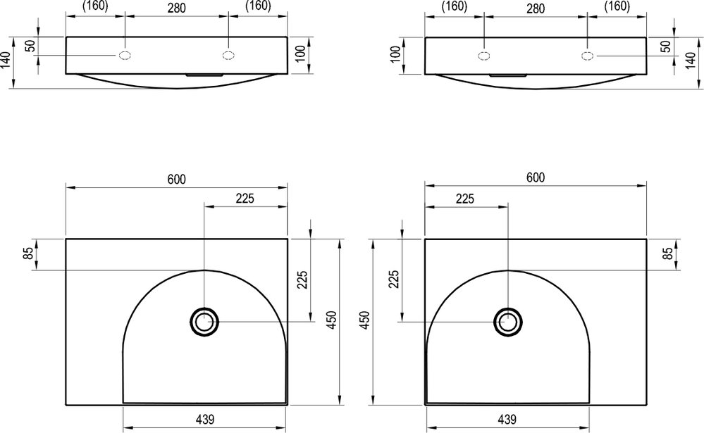 Lavabo Lite 60/45 G/D, sans trou