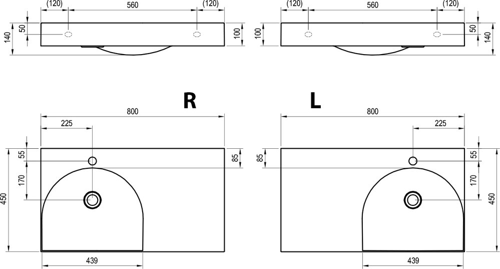 Lavabo Lite 80/45 G/D, avec trou