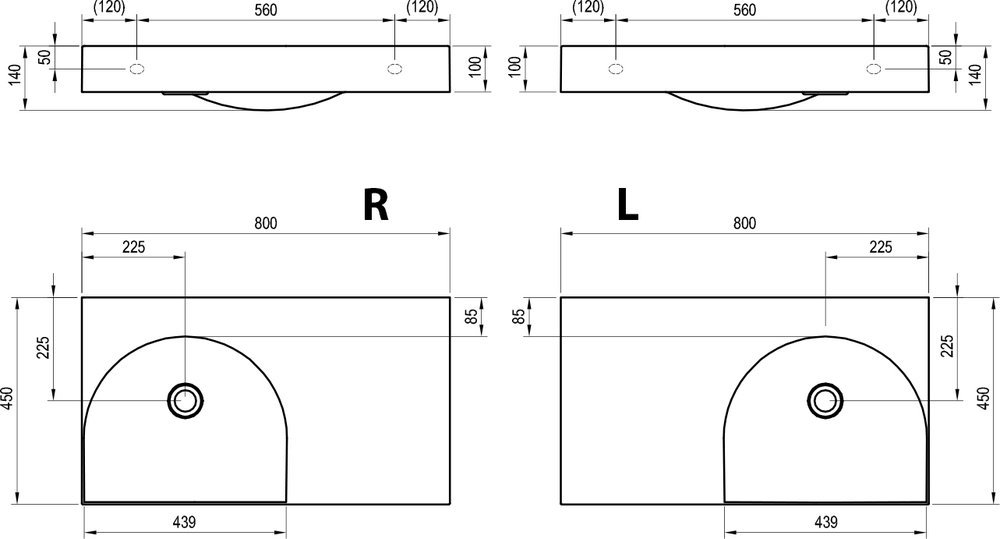 Lavabo Lite 80/45 G/D, sans trou