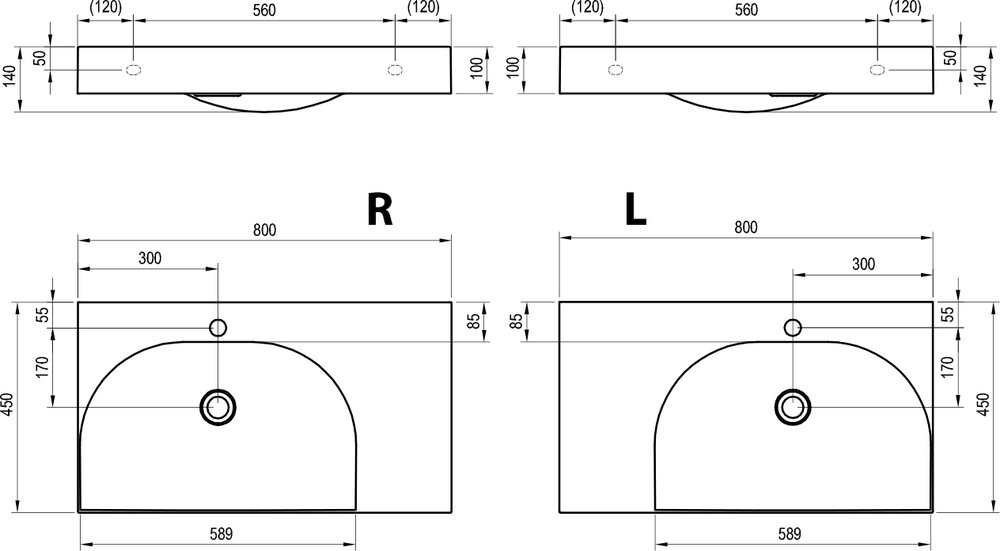 Lavabo Lite 80/60 G/D, avec trou